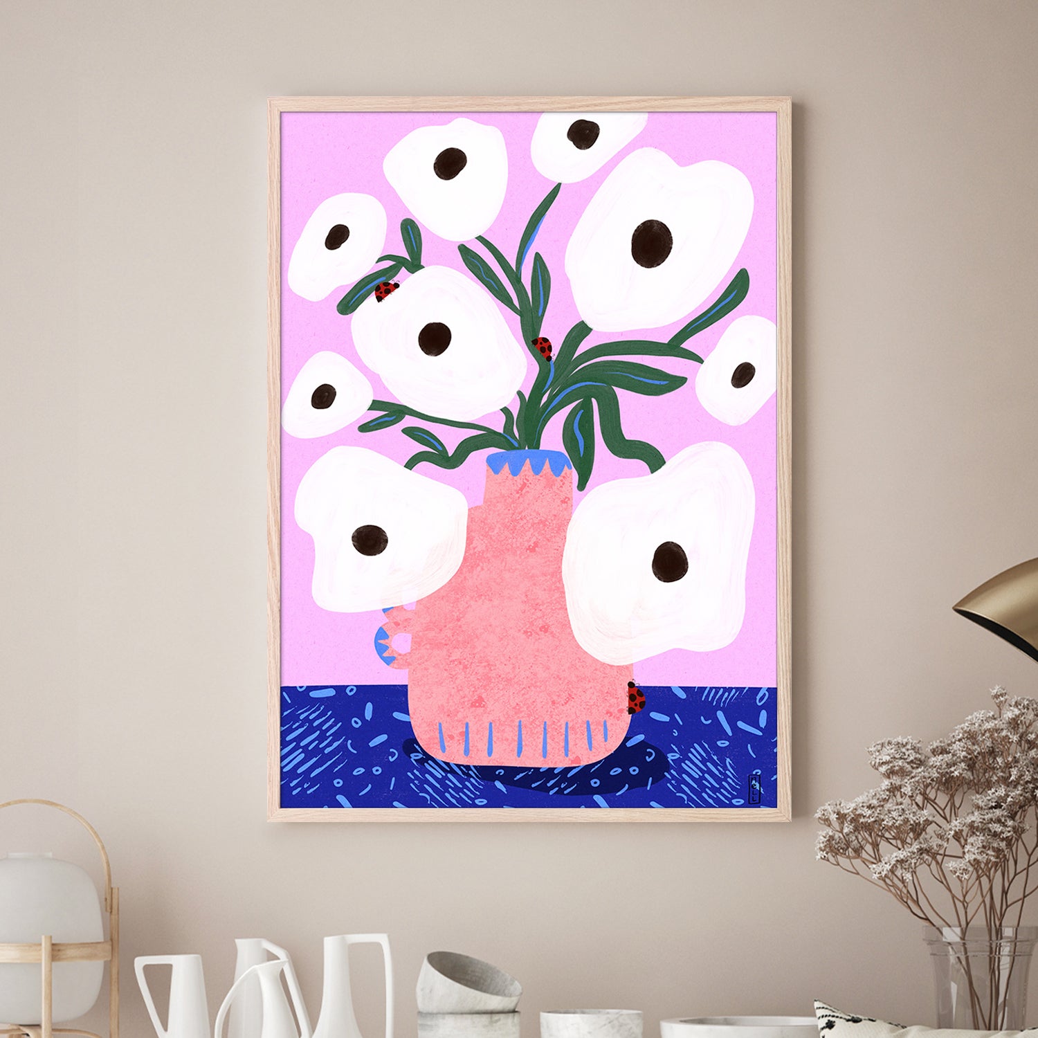 wall-art-print-canvas-poster-framed-White Poppies and Ladybirds Floral Illustration-7