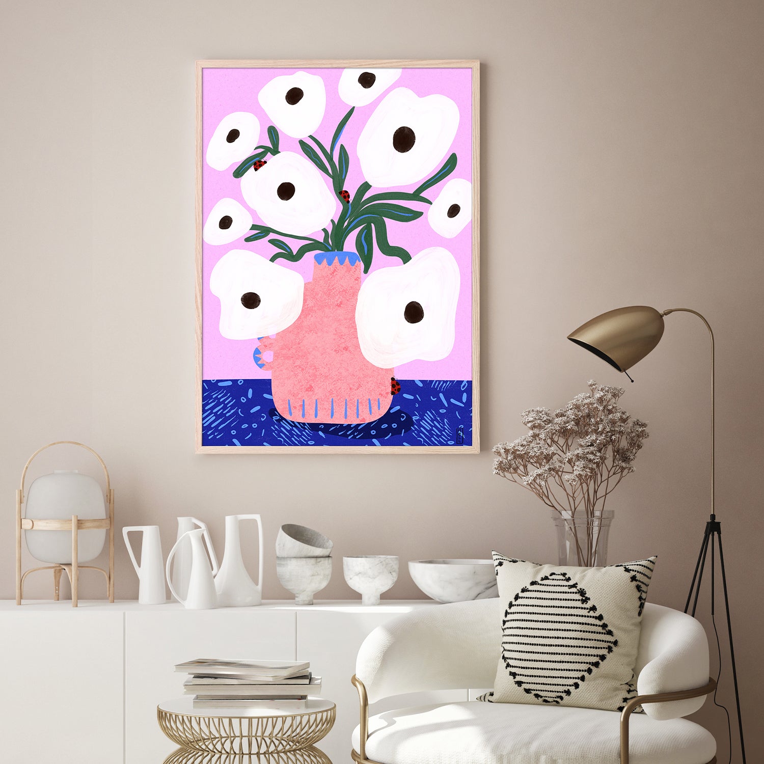 wall-art-print-canvas-poster-framed-White Poppies and Ladybirds Floral Illustration-8