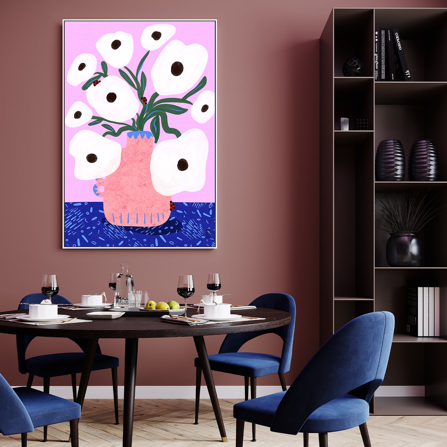 wall-art-print-canvas-poster-framed-White Poppies and Ladybirds Floral Illustration-9
