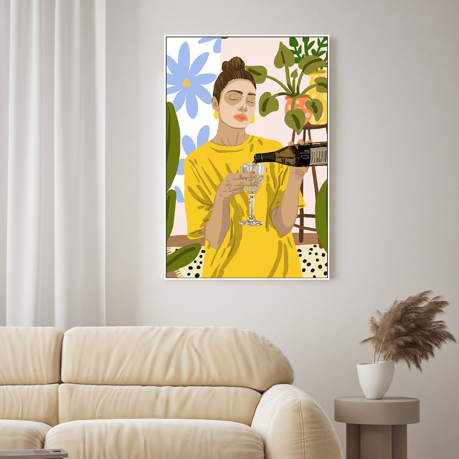 wall-art-print-canvas-poster-framed-Woman In A Yellow Shirt Pouring Wine-2