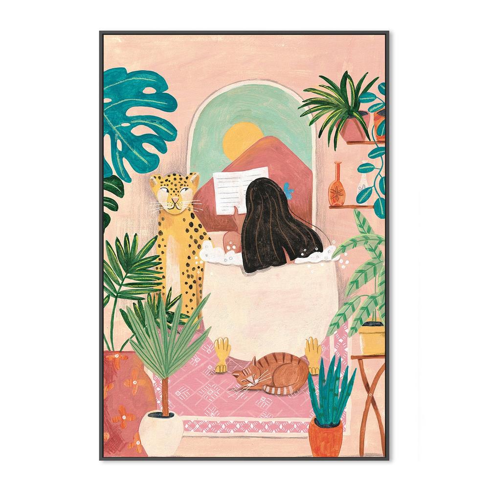 wall-art-print-canvas-poster-framed-Woman taking bath in pink tropical bathroom-3