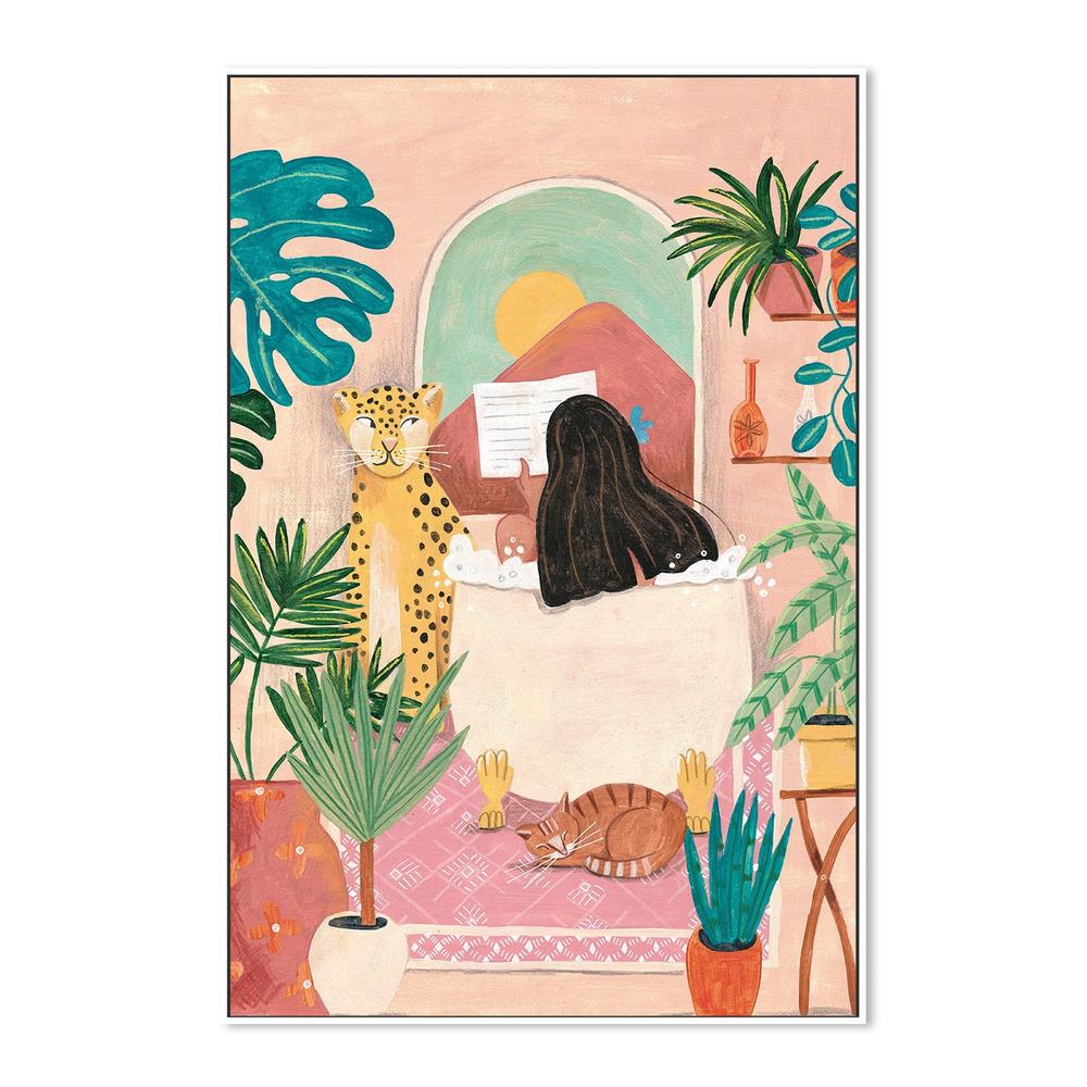wall-art-print-canvas-poster-framed-Woman taking bath in pink tropical bathroom-5