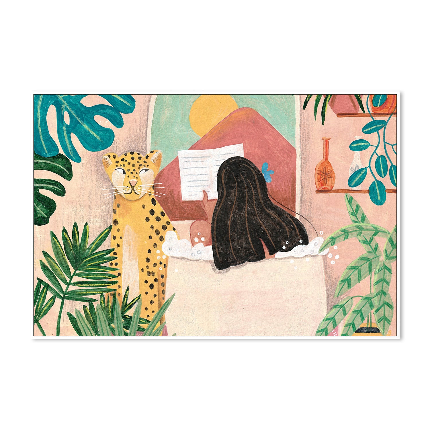 wall-art-print-canvas-poster-framed-Woman taking bath in pink tropical bathroom-5