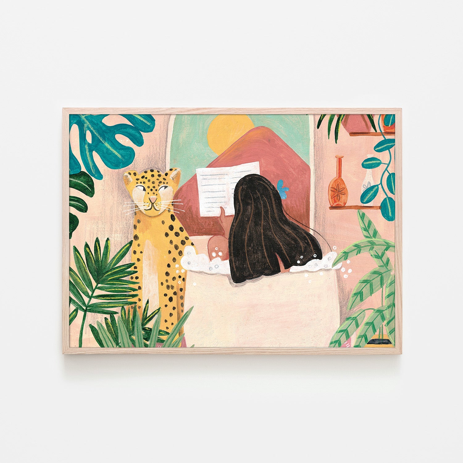 wall-art-print-canvas-poster-framed-Woman taking bath in pink tropical bathroom-6