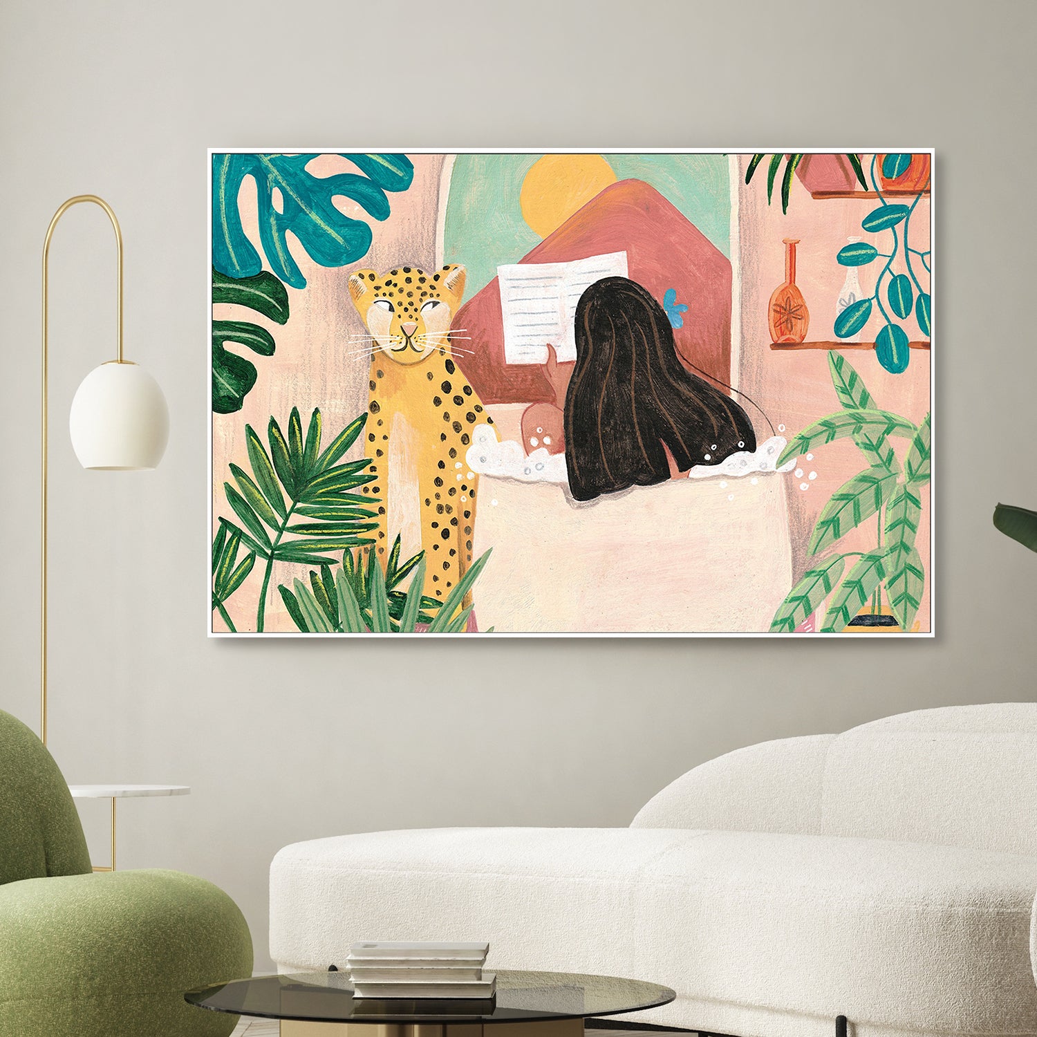 wall-art-print-canvas-poster-framed-Woman taking bath in pink tropical bathroom-7