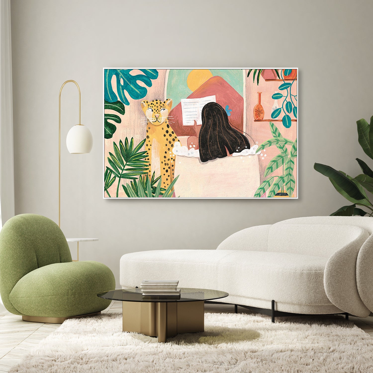 wall-art-print-canvas-poster-framed-Woman taking bath in pink tropical bathroom-8
