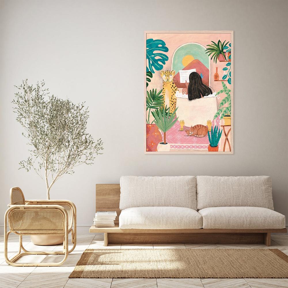 wall-art-print-canvas-poster-framed-Woman taking bath in pink tropical bathroom-9
