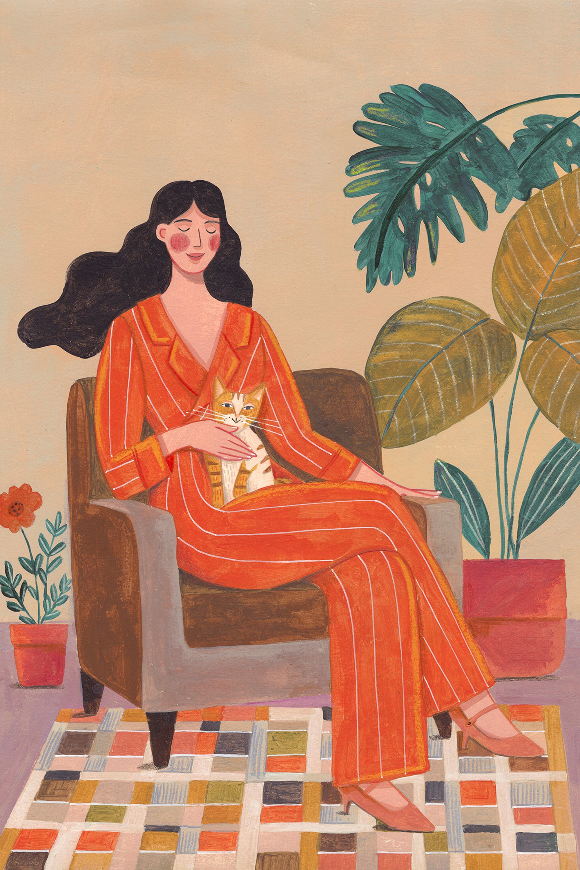 wall-art-print-canvas-poster-framed-Woman with cat in living room with warm earth tones-1