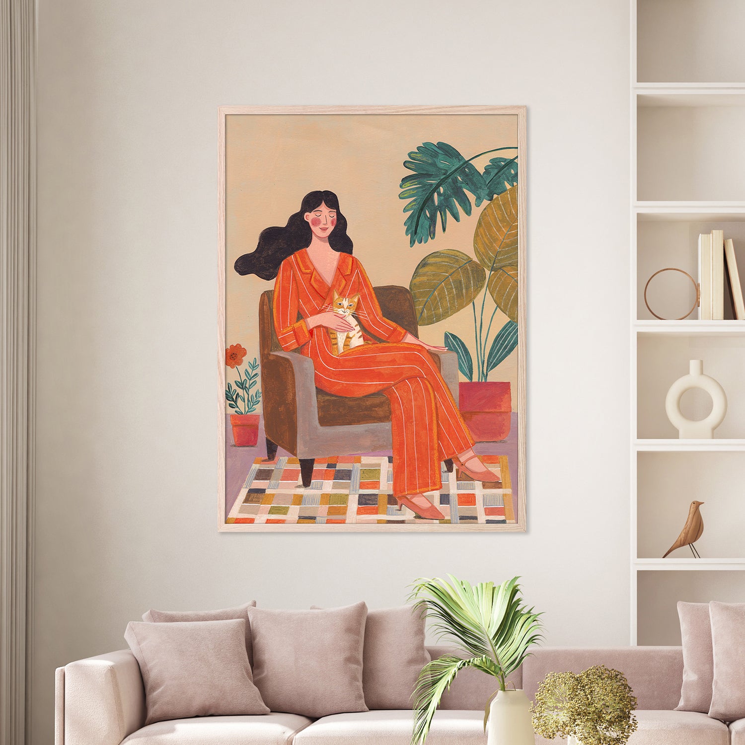 wall-art-print-canvas-poster-framed-Woman with cat in living room with warm earth tones-2