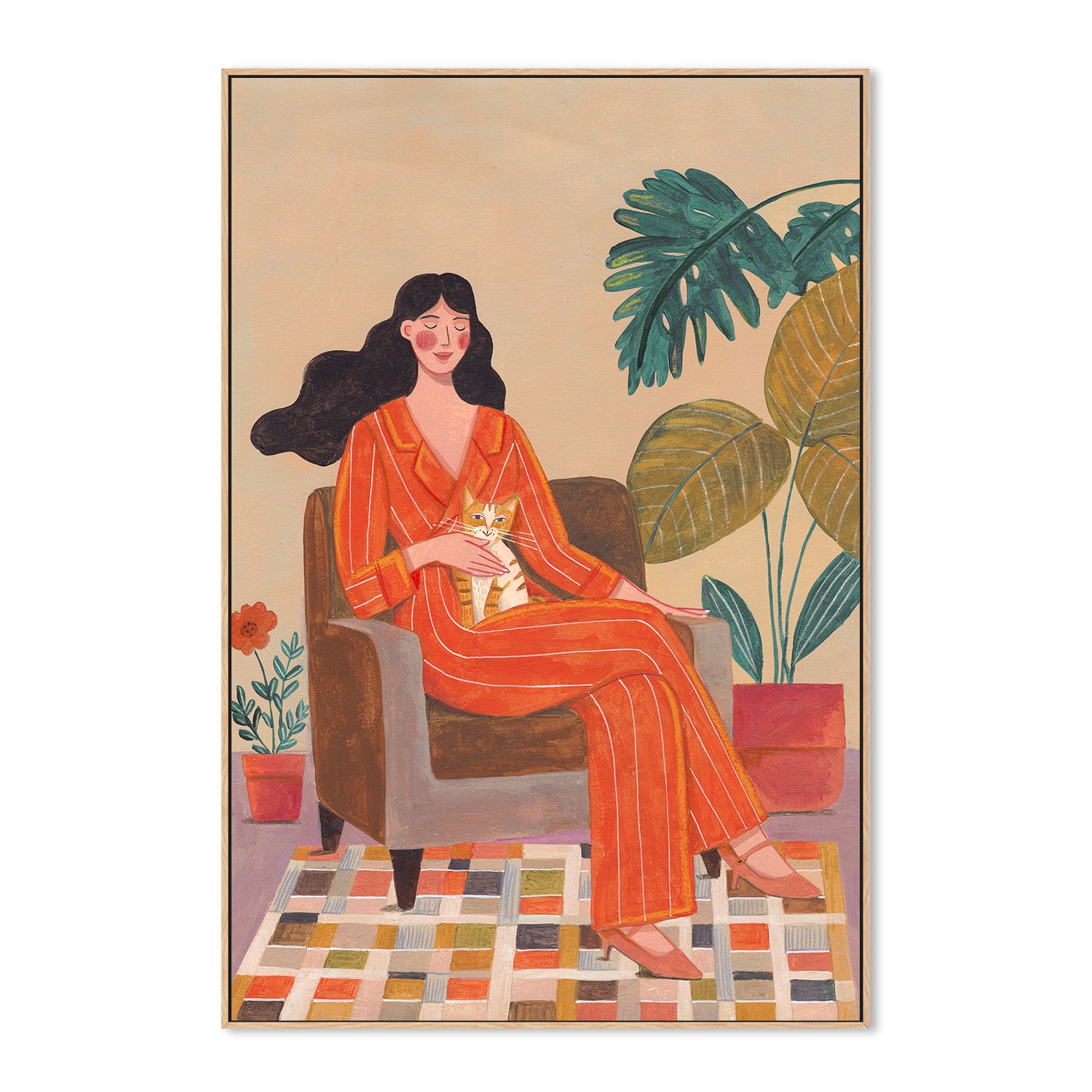 wall-art-print-canvas-poster-framed-Woman with cat in living room with warm earth tones-4