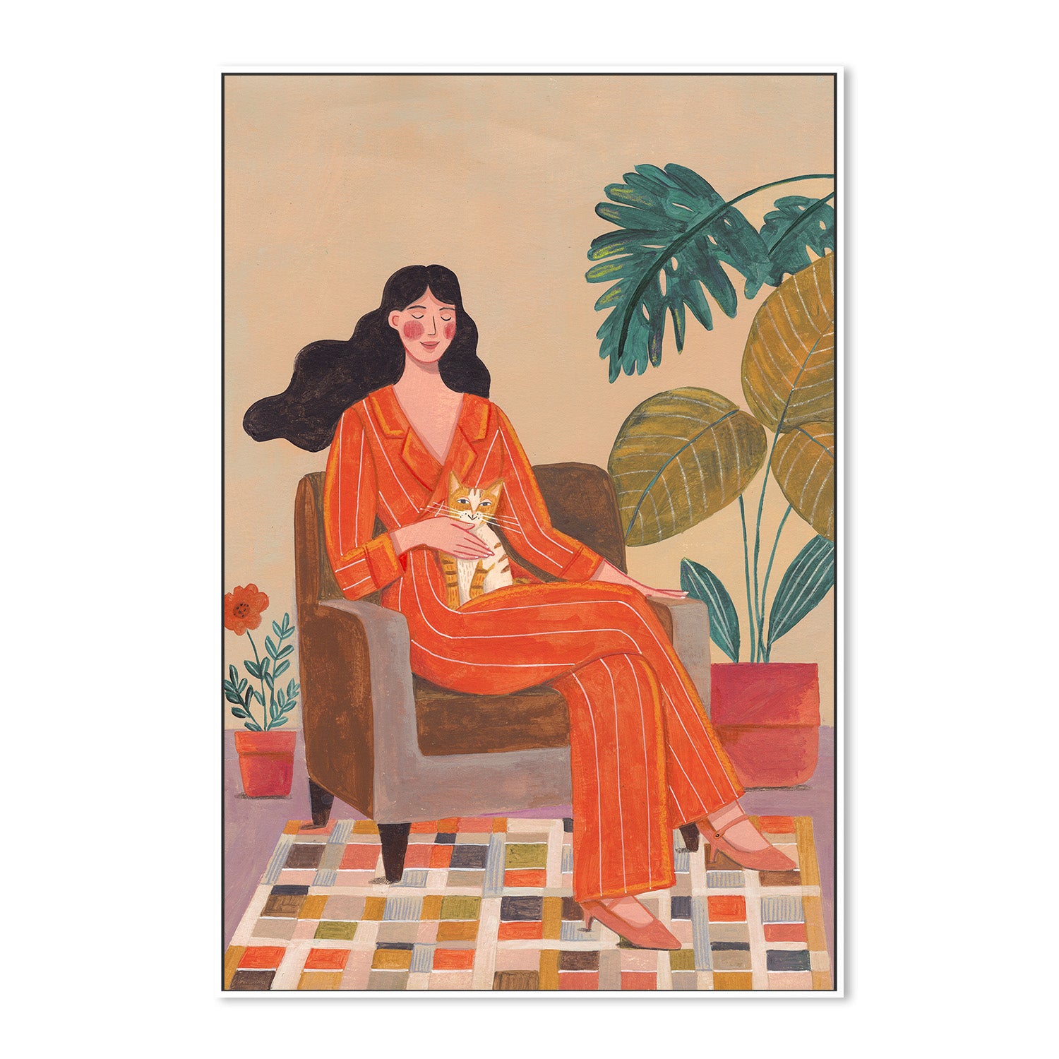 wall-art-print-canvas-poster-framed-Woman with cat in living room with warm earth tones-5