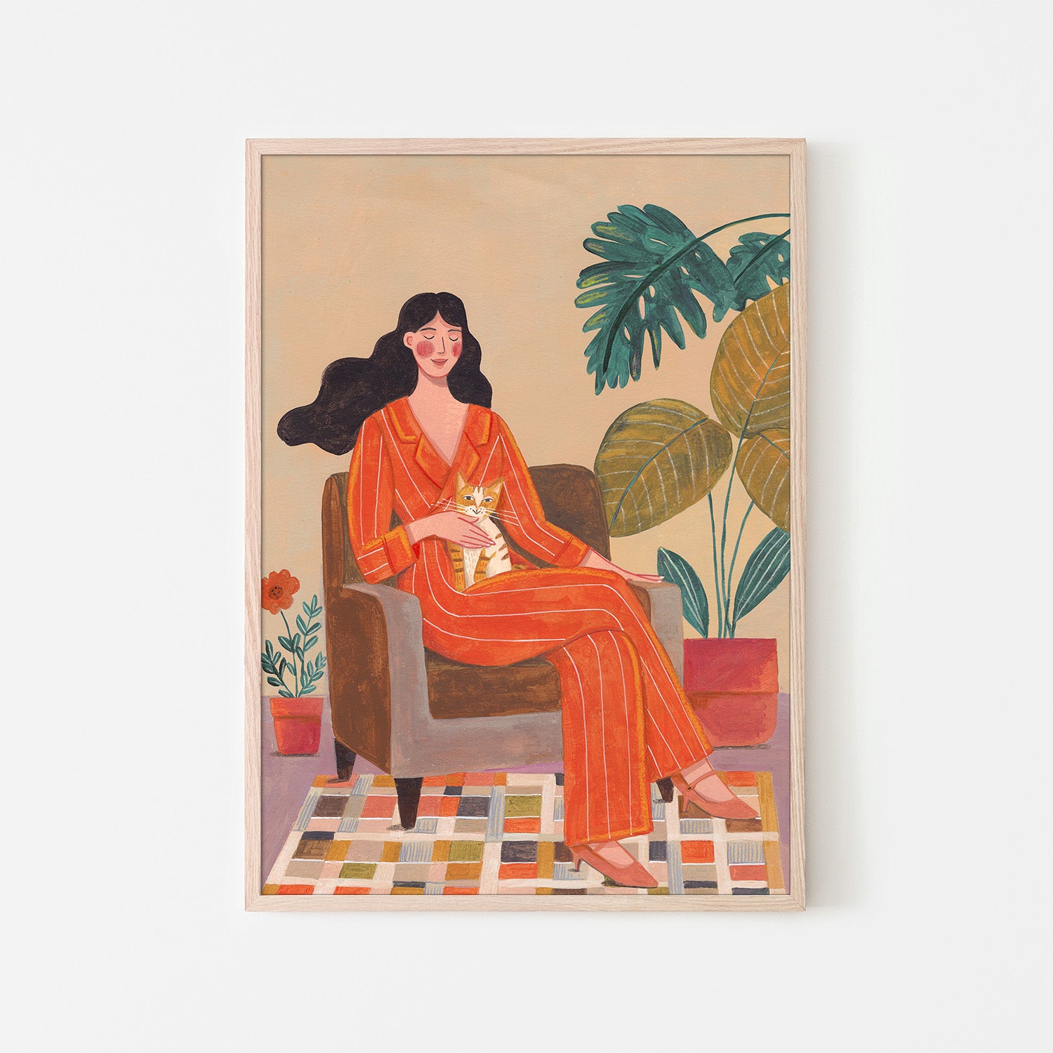 wall-art-print-canvas-poster-framed-Woman with cat in living room with warm earth tones-6
