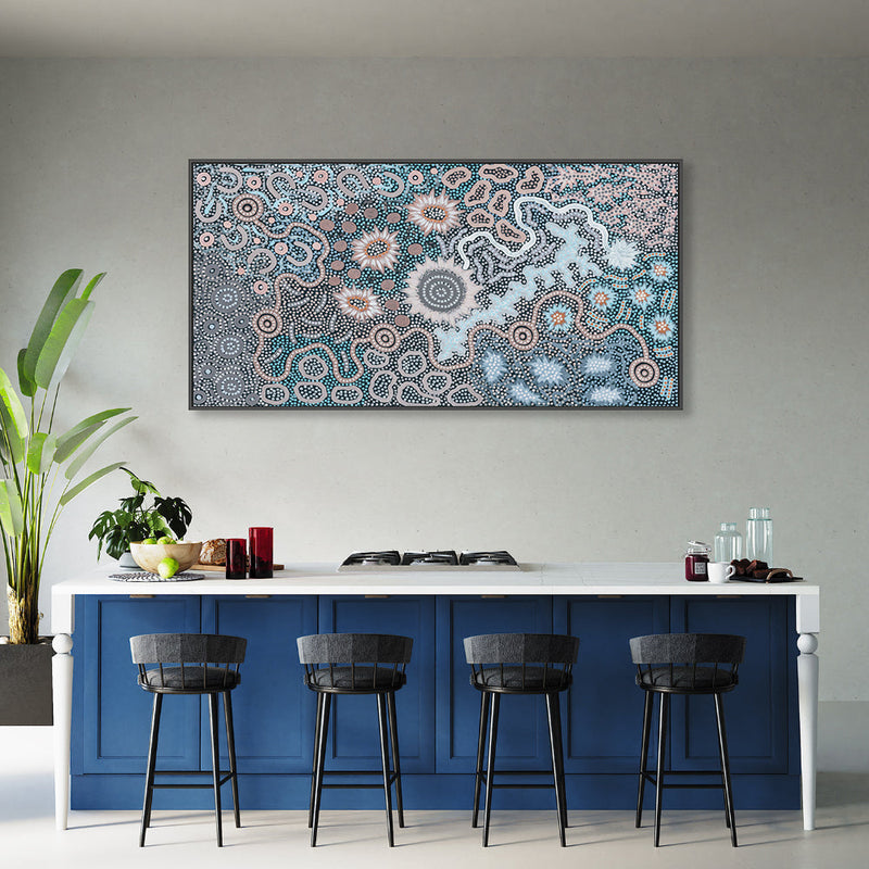 wall-art-print-canvas-poster-framed-Women's Gathering Bushtucker, Blue Version, By Azeza Possum , By Azeza Possum-GIOIA-WALL-ART