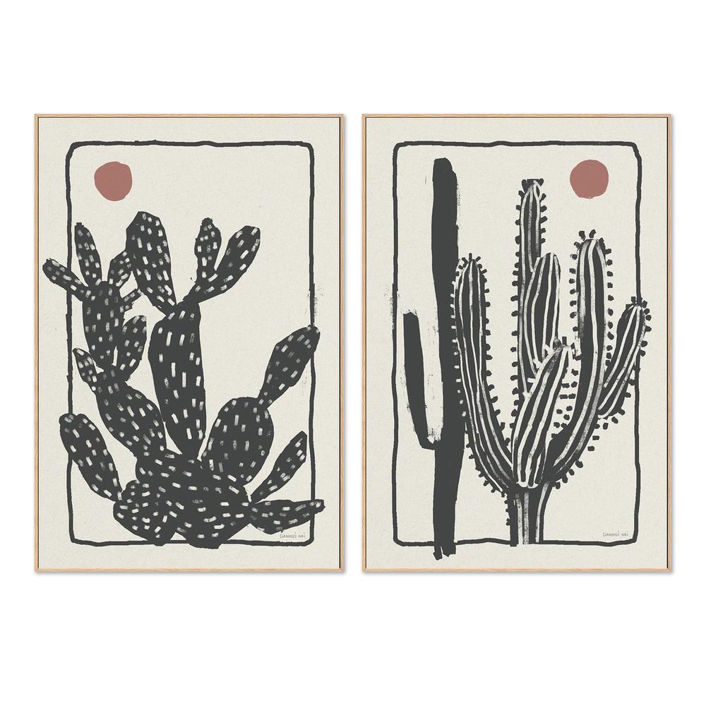 wall-art-print-canvas-poster-framed-Woodcut Cactus, Style A & B, Set Of 2-4