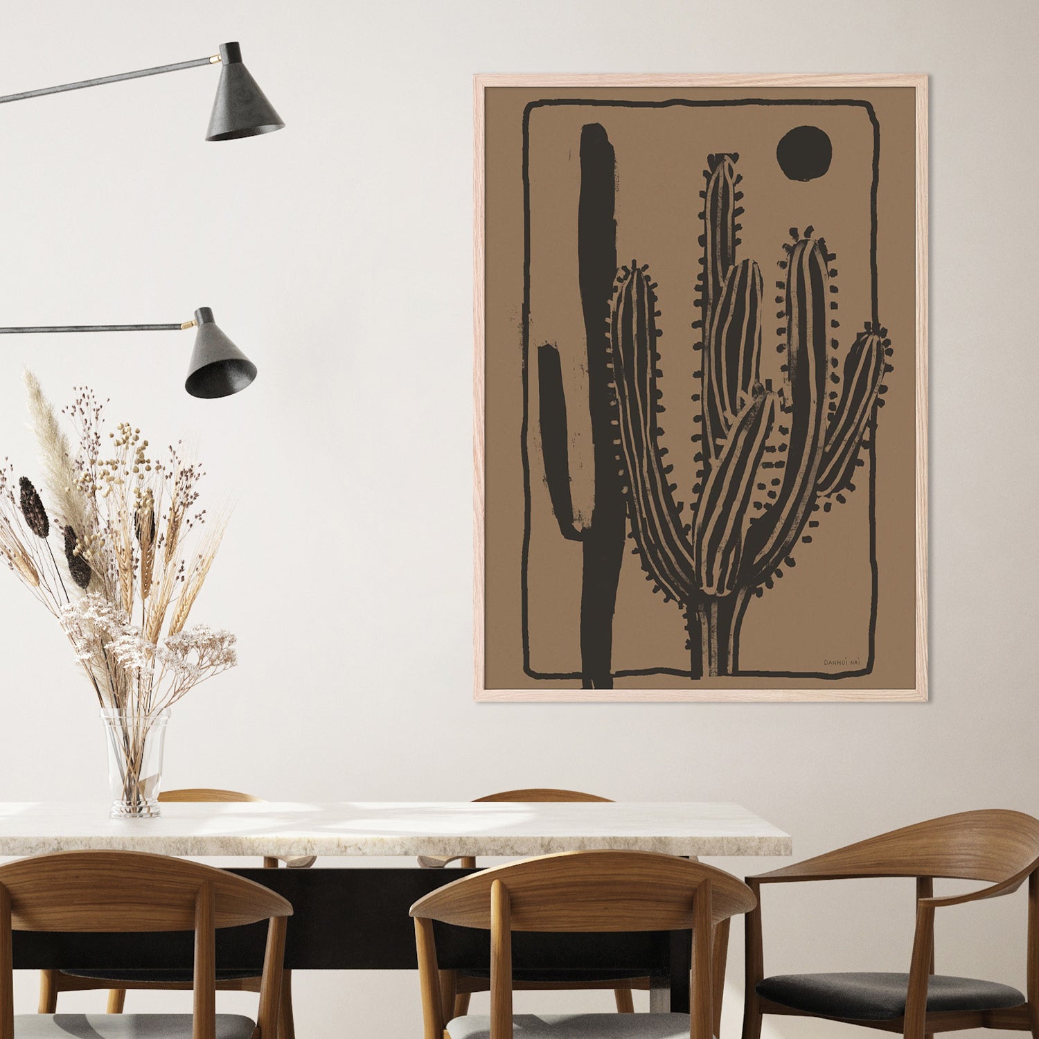 wall-art-print-canvas-poster-framed-Woodcut Cactus , Style B, Natural-7