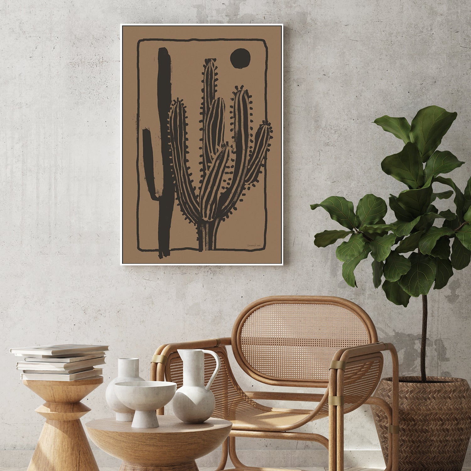 wall-art-print-canvas-poster-framed-Woodcut Cactus , Style B, Natural-9