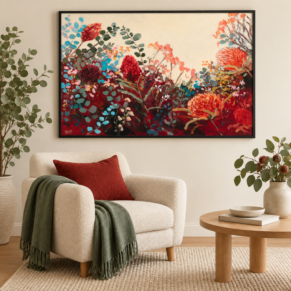 Waratah Vintage wall art in a contemporary reading corner