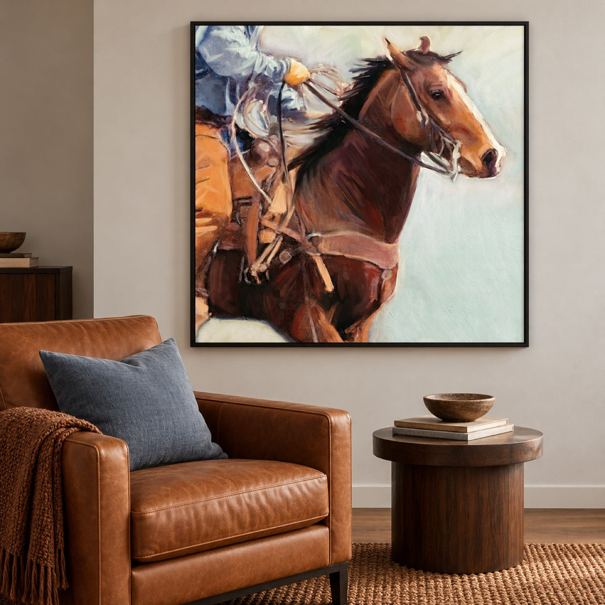 Western Cowboy in a black frame in a reading corner with a cognac leather chair and muted blue cushion.
