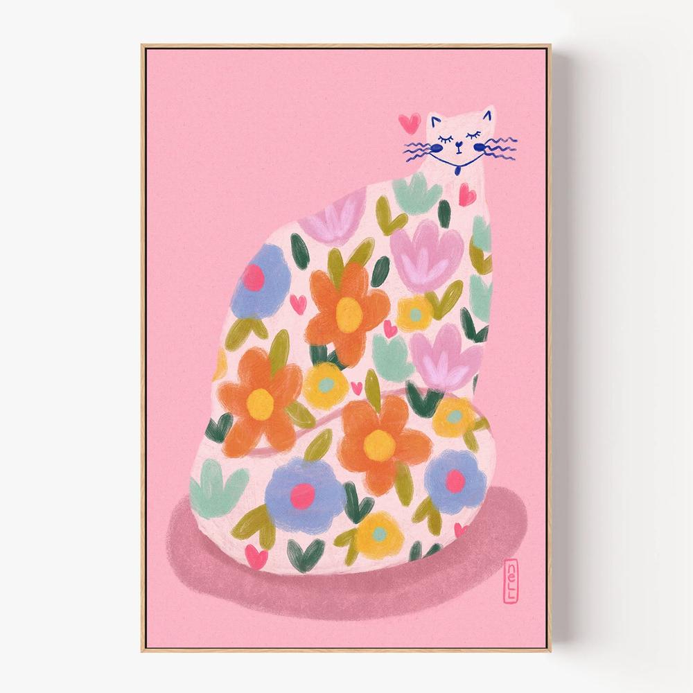 Whimsical Flower Cat-by-Dirkie Nell-wall-art-print-canvas-poster-framed-Gioia