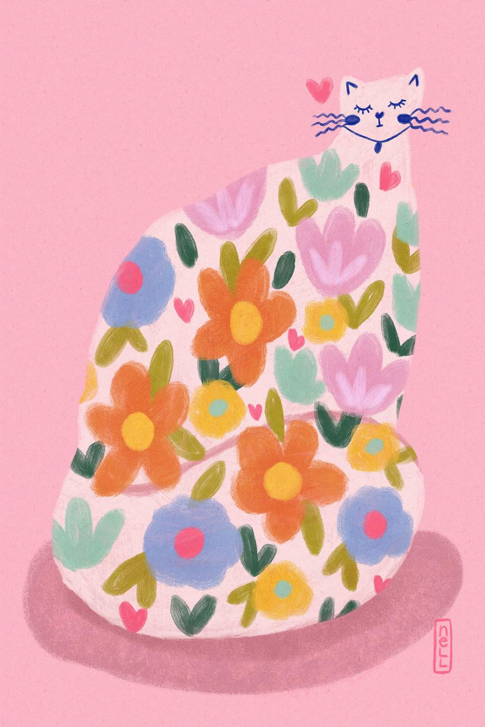 Whimsical Flower Cat-by-Dirkie Nell-wall-art-print-canvas-poster-framed-Gioia