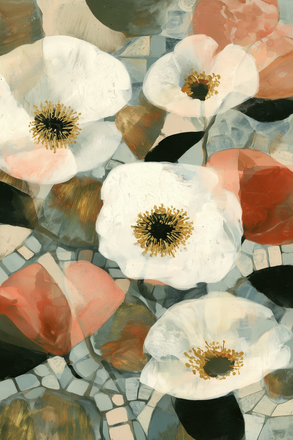 White Blooms on Mosaic Tile-by-Chromatic Storm Studio-wall-art-print-canvas-poster-framed-Gioia