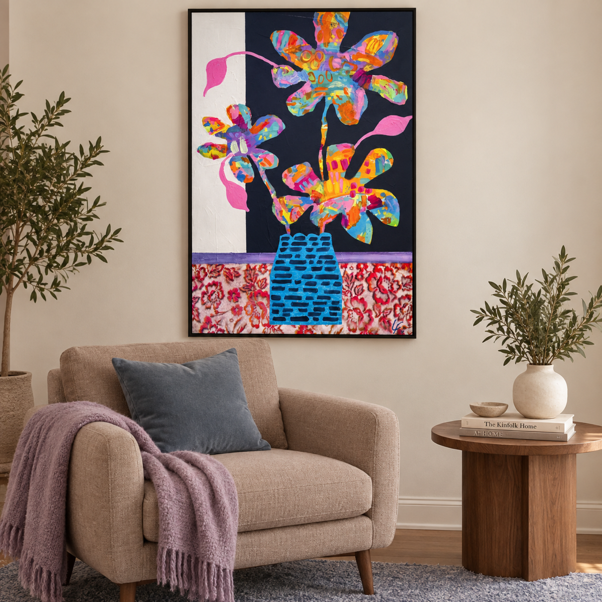 Winifred by Lindy Farley in a black frame above a taupe chair with walnut furniture and blue and lilac textiles.