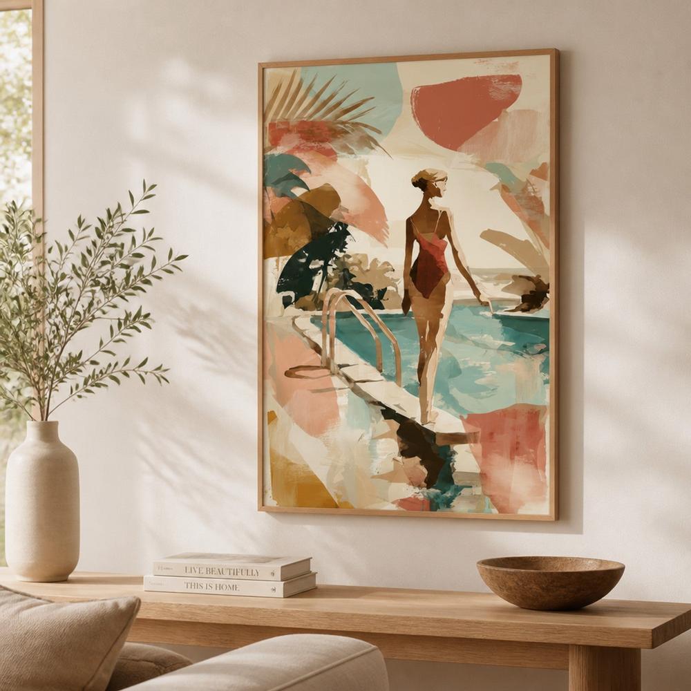 Woman by Poolside Retreat-by-Chromatic Storm Studio-wall-art-print-canvas-poster-framed-Gioia
