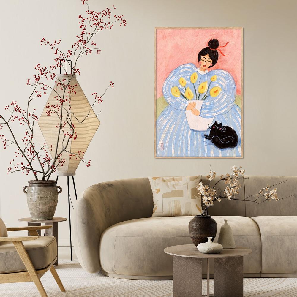 Woman With Flowers And Cat-by-Dirkie Nell-wall-art-print-canvas-poster-framed-Gioia