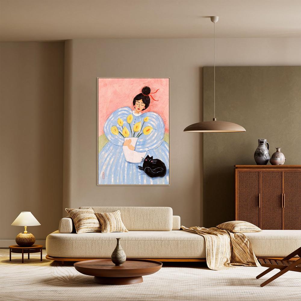 Woman With Flowers And Cat-by-Dirkie Nell-wall-art-print-canvas-poster-framed-Gioia