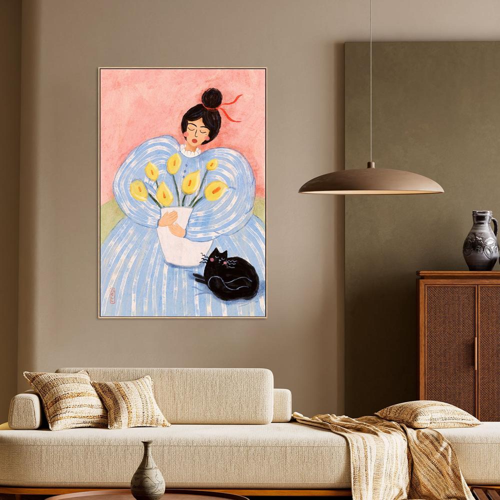 Woman With Flowers And Cat-by-Dirkie Nell-wall-art-print-canvas-poster-framed-Gioia
