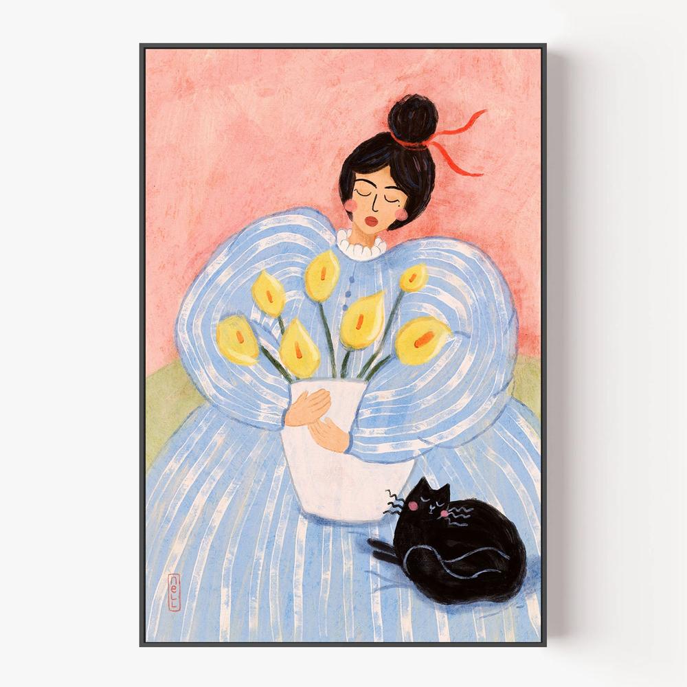 Woman With Flowers And Cat-by-Dirkie Nell-wall-art-print-canvas-poster-framed-Gioia