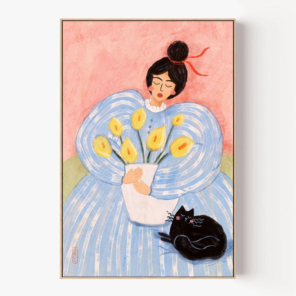 Woman With Flowers And Cat-by-Dirkie Nell-wall-art-print-canvas-poster-framed-Gioia