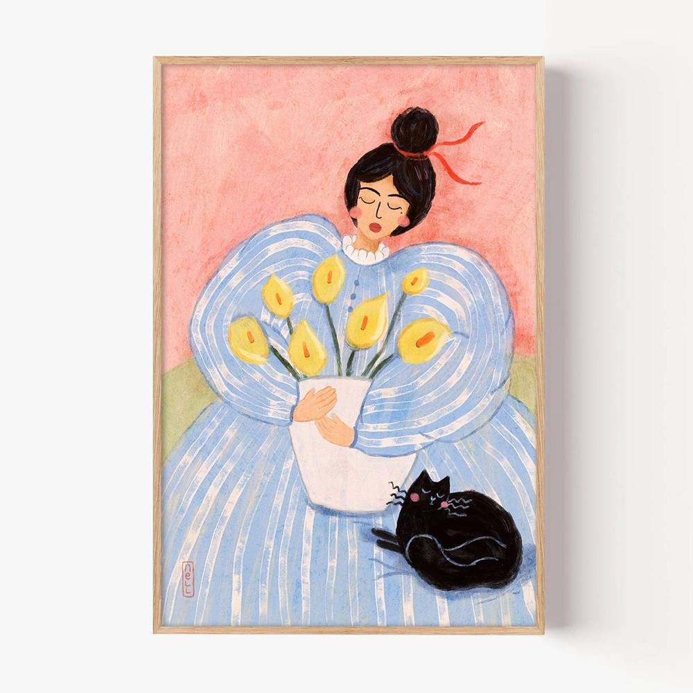 Woman With Flowers And Cat-by-Dirkie Nell-wall-art-print-canvas-poster-framed-Gioia