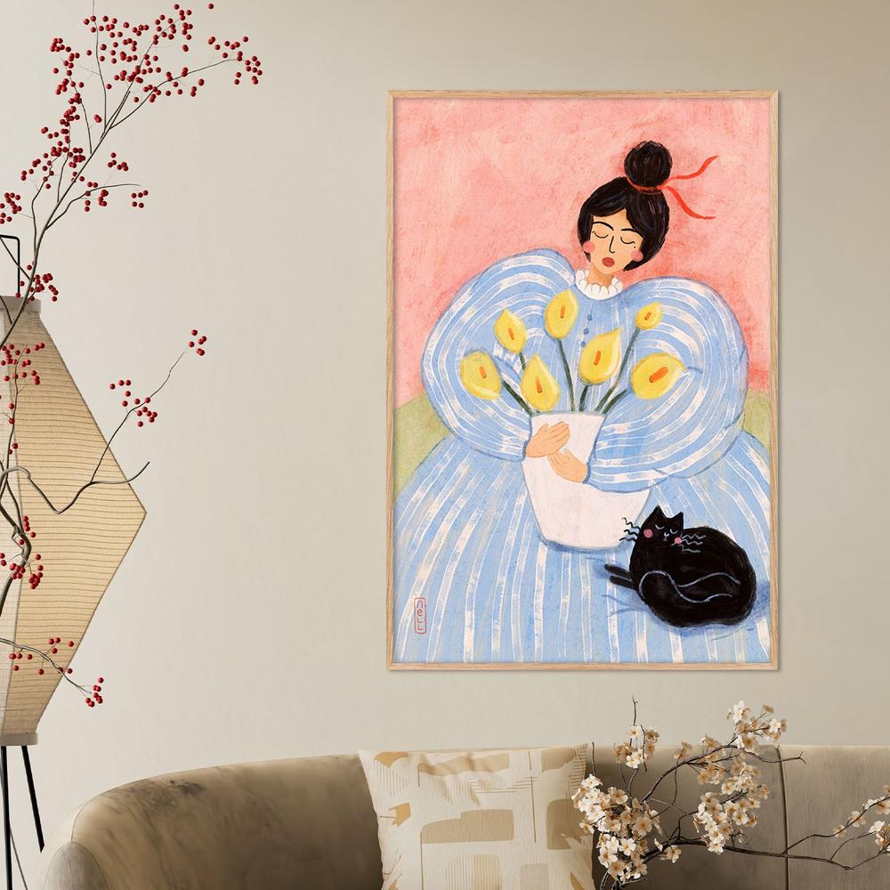 Woman With Flowers And Cat-by-Dirkie Nell-wall-art-print-canvas-poster-framed-Gioia