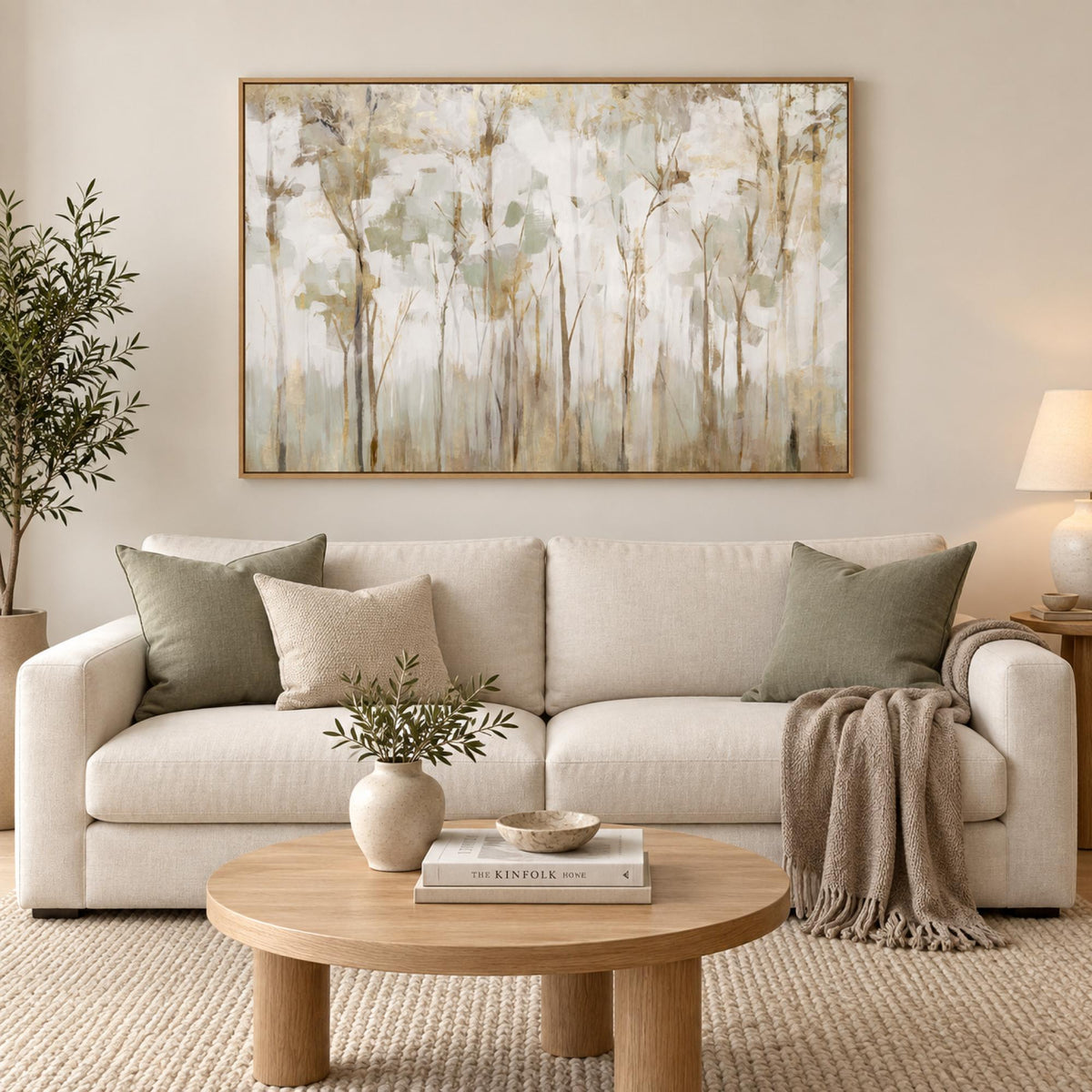 Woodland Forest Lookout in an oak frame above a cream sofa with sage textiles.