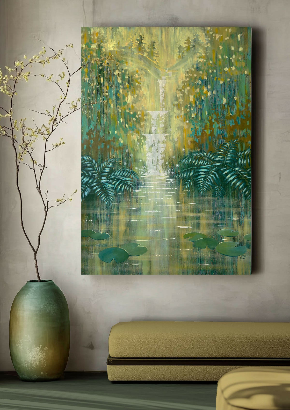 Sparkling Waterfall by an Emerald Forest Pond - Original Artwork