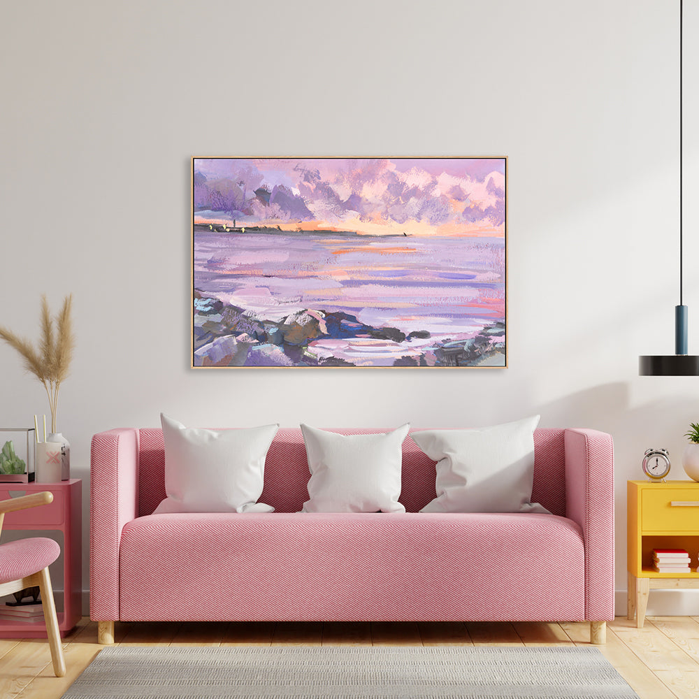 Peachy Violet Sunset , Hand-painted Canvas