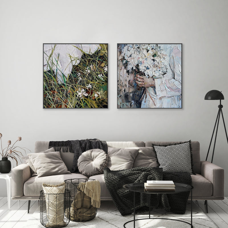 Flower Girl in the Field, Set of 2 , Hand-painted Canvas