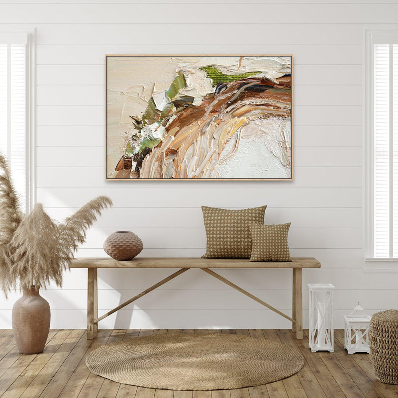 Green and White Flower Wreath, Green and Nude Abstract , Hand-painted Canvas