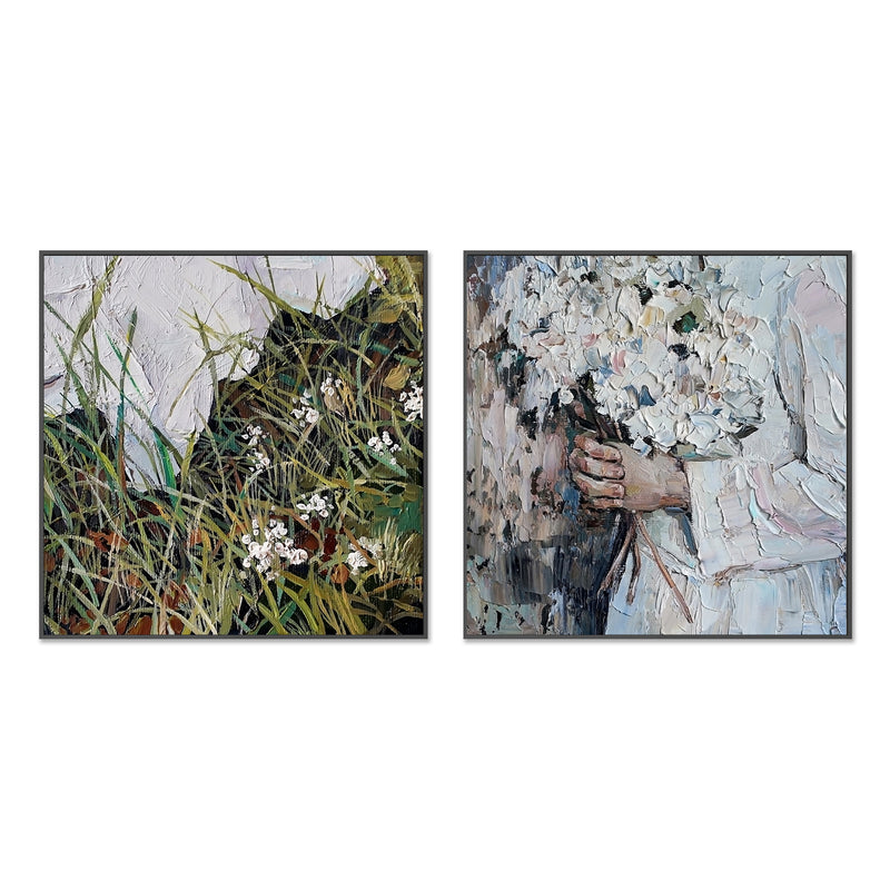Flower Girl in the Field, Set of 2 , Hand-painted Canvas