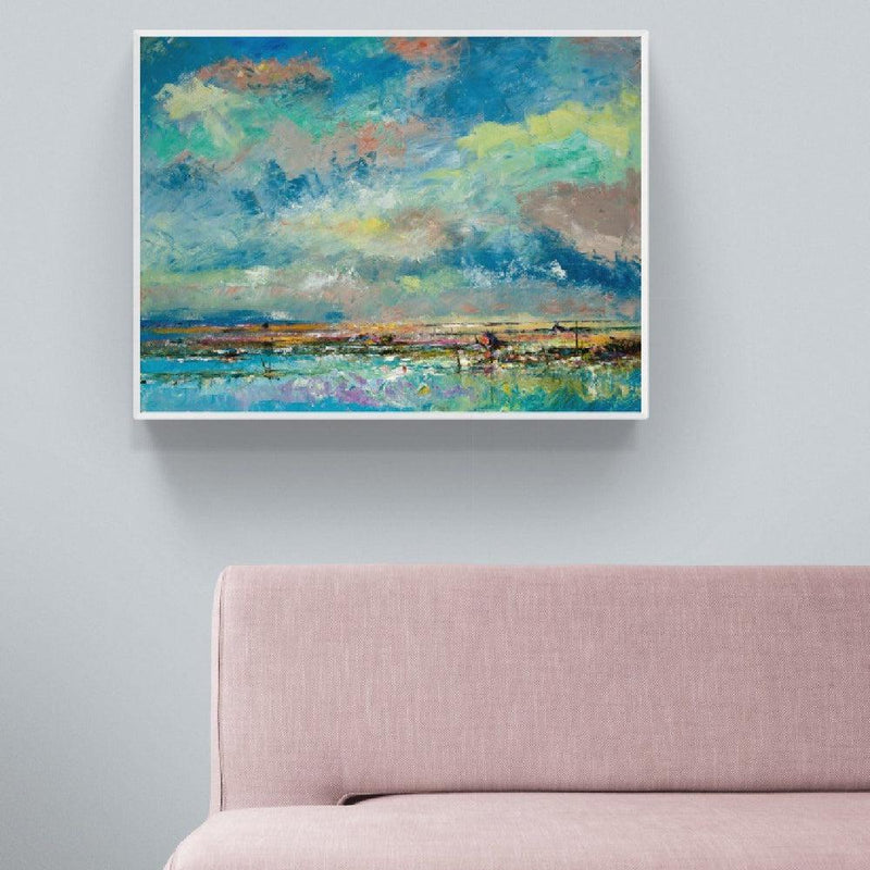 Over the Blue and Green Lake, Hand-painted Canvas-Framed-Canvas-Print-Poster-Gioia Wall Art