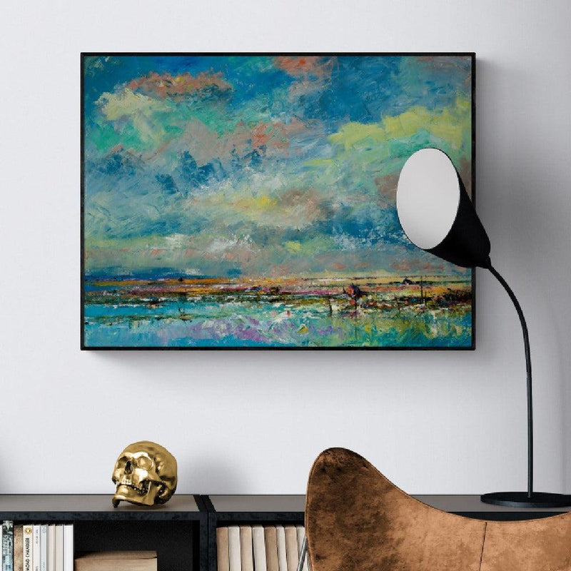 Over the Blue and Green Lake, Hand-painted Canvas-Framed-Canvas-Print-Poster-Gioia Wall Art